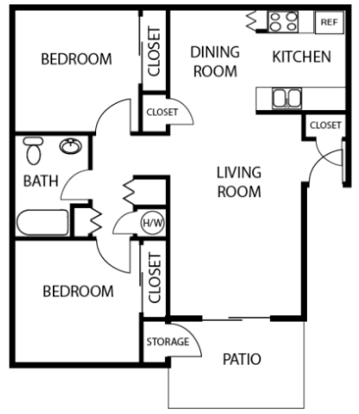 Floor plan for 2 beds, 1 bath, 842 sqft